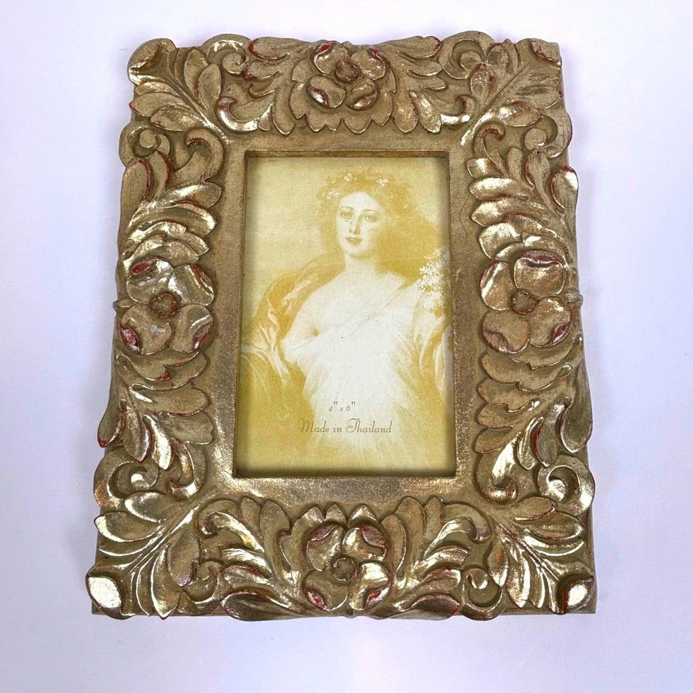 Vtg 90s Heavy Ornate Baroque Gilt Gold Floral Photo Frame 4x6 Regency Old World
